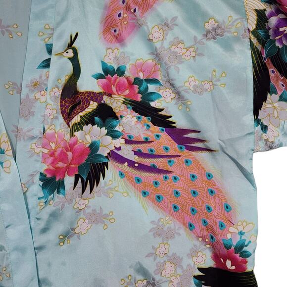 Kimono Robe OS Women Short Light Blue Pink Peach Purple Peacocks Flowers Silky - Picture 4 of 8